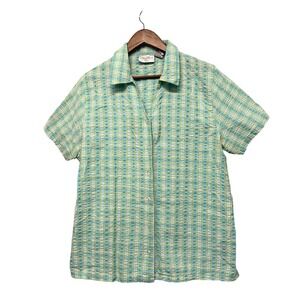 Womens Plus Size 1X Plaid Seersucker Button Down Shirt Short Sleeve Easter Green